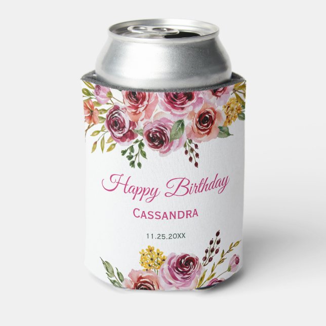 Enfriador De Latas Borgoña morado Rosa Rústico Cumpleaños Floral (Reverso de la lata)