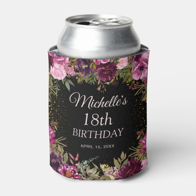 Enfriador De Latas Borgoña Purpurina floral rosa negro 18 cumpleaños (Lata Anverso)