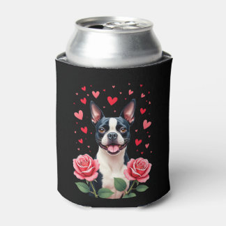 Enfriador De Latas Boston Terrier con Corazones de Rosas Rojas Camise
