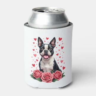 Enfriador De Latas Boston Terrier con Corazones de Rosas Rojas Camise