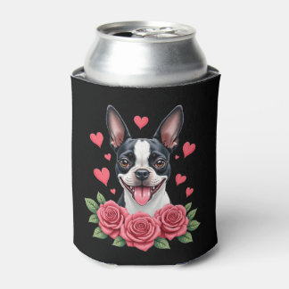 Enfriador De Latas Boston Terrier with Red Roses Hearts Valentine�s D