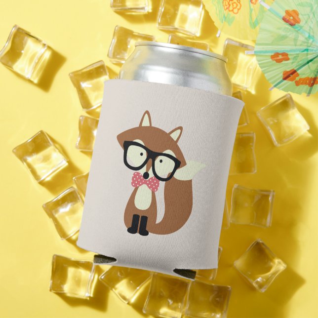 Enfriador De Latas Bow Tie y Glasses Hipster Brown Fox (Verano in situ)