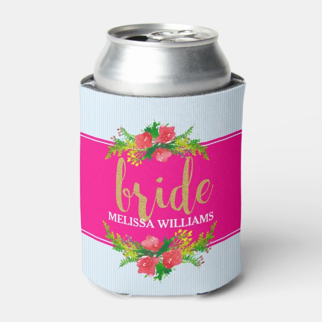 Enfriador De Latas Bride-Gold Mensajes de texto, Bouquet floral sobre (Lata Anverso)