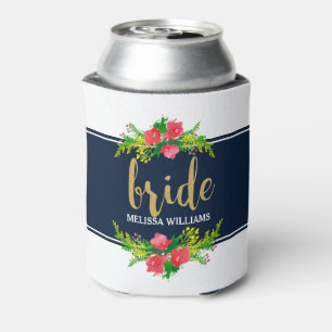 Enfriador De Latas Bride-Gold Textos, Bouquet Floral Sobre Blanco Y A