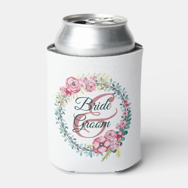 Enfriador De Latas Bride Y Groom Floral Wreath (Lata Anverso)