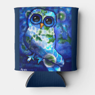 Enfriador De Latas Brillante Abstracto Lechuza Azul Floral Verde azul