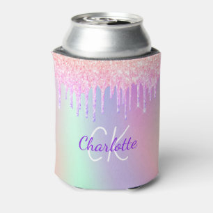 Enfriador De Latas Brillo de arcoíris gotea monograma rosa brillo