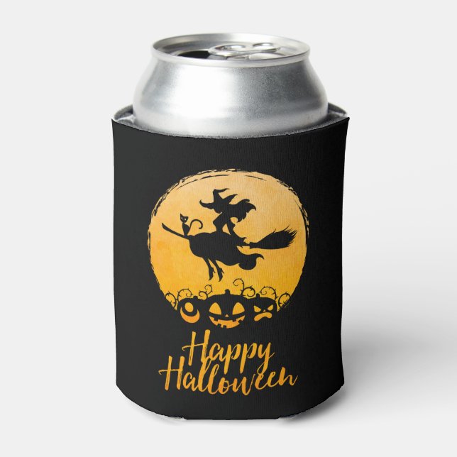 Enfriador De Latas Bruja voladora de Halloween (Lata Anverso)
