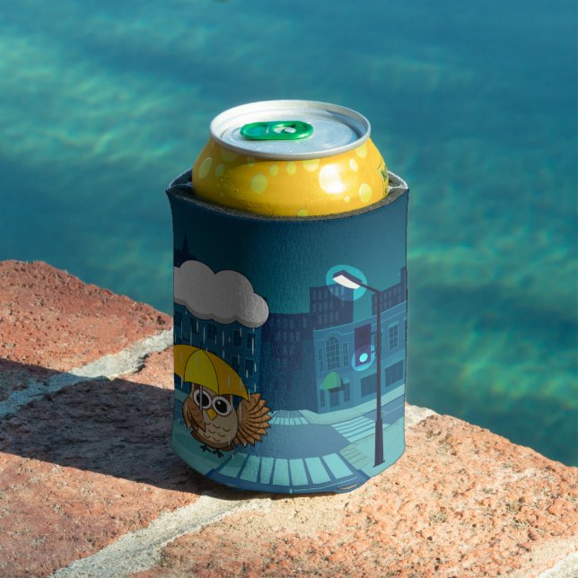 Enfriador De Latas Búho lindo con paraguas en el día de lluvias (Piscina in situ)