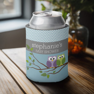 Enfriador De Latas Búho lindo en la rama - Ducha de niño bebé azul