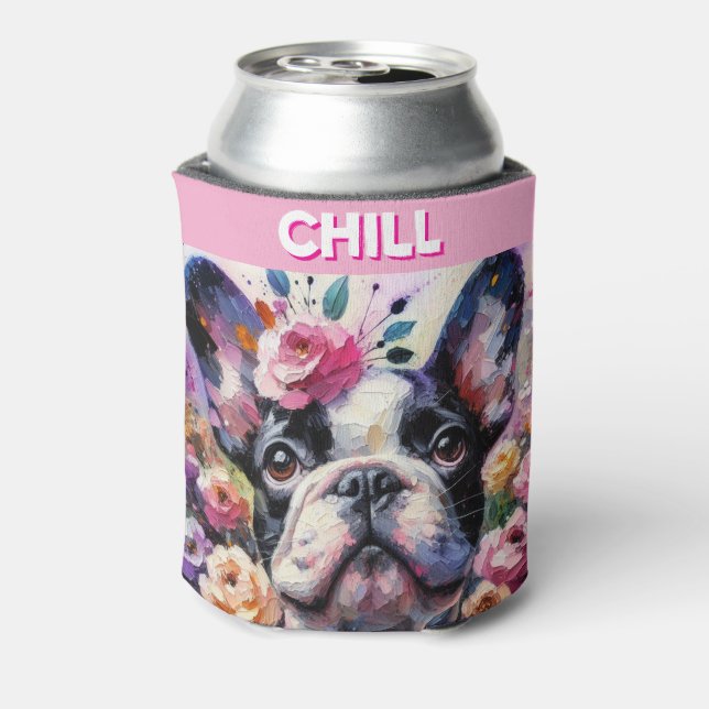 Enfriador De Latas Bulldog francés con Rosas Pintura impresionista (Reverso de la lata)