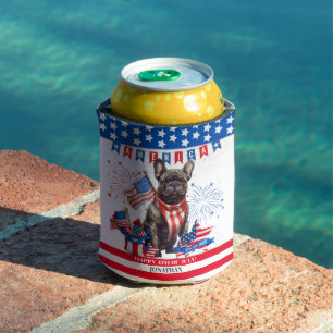 Enfriador De Latas Bulldog Francés Feliz 4 De Julio Patriótico Estado