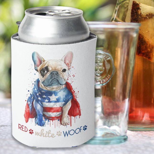 Enfriador De Latas Bulldog francés patriótico Red White Woof 4 De Jul (Subido por el creador)