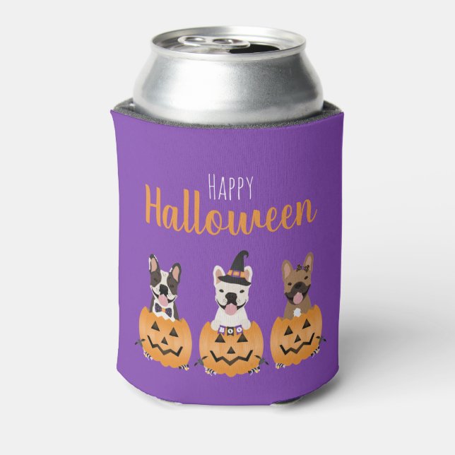 Enfriador De Latas Bulldoges franceses felices Halloween (Reverso de la lata)
