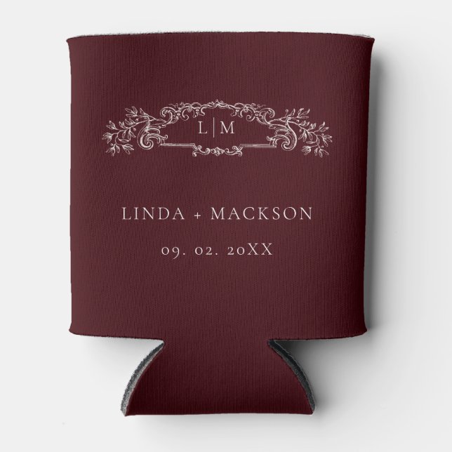 Enfriador De Latas Burgundy botanical crest monogram wedding (Anverso)