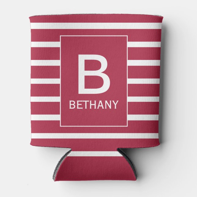 Enfriador De Latas Burgundy Striped Personalised Monogram (Anverso)