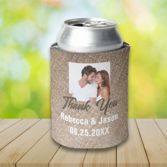 Enfriador De Latas burlap foto boda en el país occidental (rustic burlap photo western country wedding can cooler)