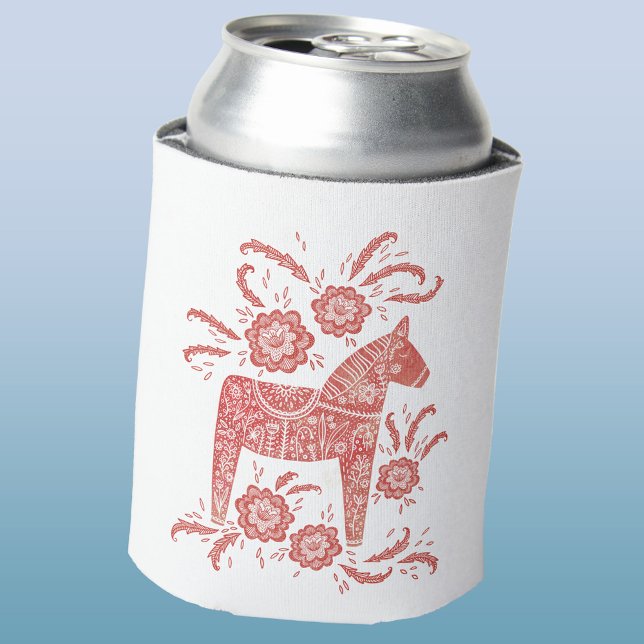 Enfriador De Latas Caballo de dala sueco rojo y blanco (Swedish Dala Horse red and white can cooler)