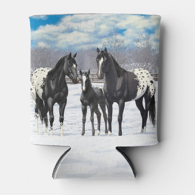 Enfriador De Latas Caballos Appaloosa Negros En Nieve (Anverso)