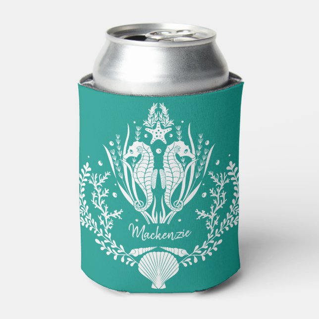 Enfriador De Latas Caballos de mar Verde azulados personalizados (Lata Anverso)