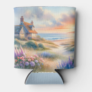 Enfriador De Latas Cabaña Costera Atardecer Dunas Acuarela