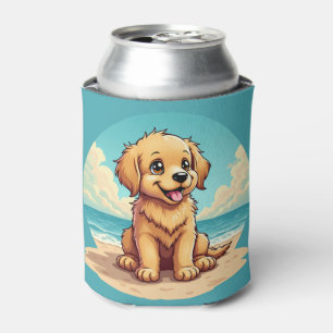 Enfriador De Latas Cachorro Dorado Adorable en una Escena de Playa So