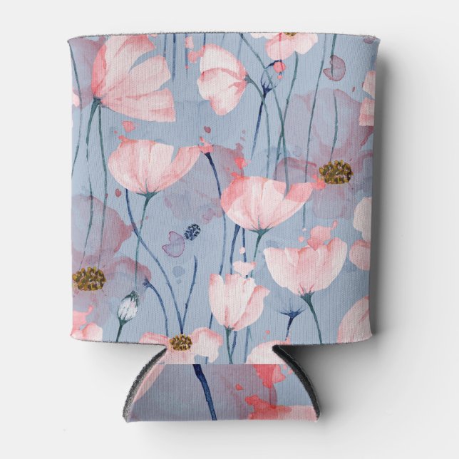 Enfriador De Latas Cachorros azules: acuarela de diseño floral. (Anverso)