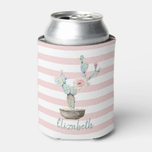 Enfriador De Latas Cactus Chic de Acuarela, Rayas Rosas  