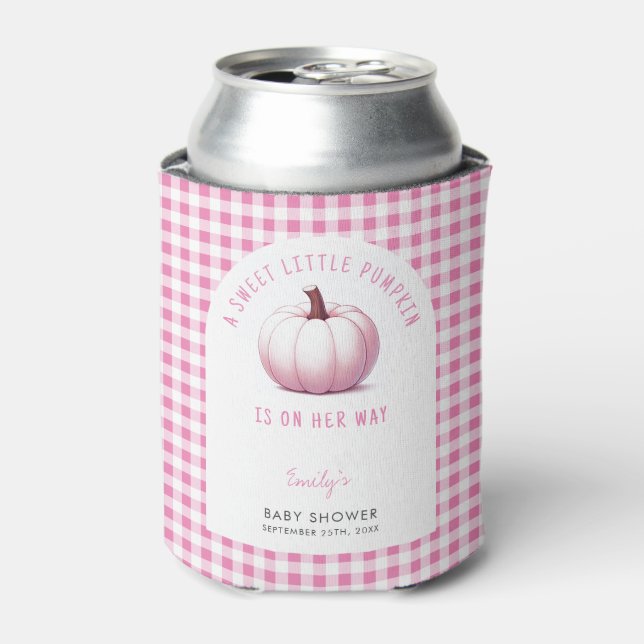 Enfriador De Latas Calabaza Rosa Gingham Plantar a la Niña Baby Showe (Lata Anverso)