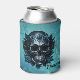 Enfriador De Latas Calavera azul oscuro con rosas.