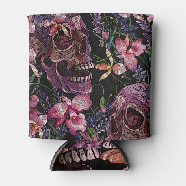 Enfriador De Latas Calavera bordada: Patrón de orquídeas góticas (Anverso)
