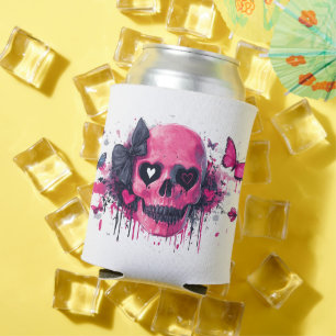 Enfriador De Latas Calavera rosa con mariposas y corazones