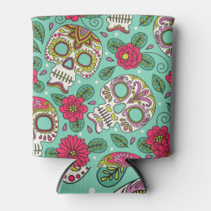 Enfriador De Latas Calavera y flores mexicanas, sin costura.
