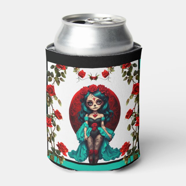 Enfriador De Latas Calaveras de azúcar de rosas azul verdoso y rojo (Lata Anverso)