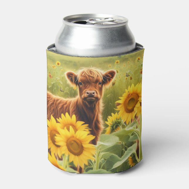 Enfriador De Latas Calf de Highland en Sunflowers Cute (Lata Anverso)