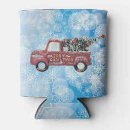 Enfriador De Latas camión rojo vintage sobre un fondo de copo de niev
