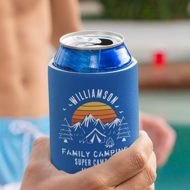 Enfriador De Latas Camping de vacaciones de verano familiar Cualquier (Retro Family Camping Reunion Custom Matching Blue Can Cooler)
