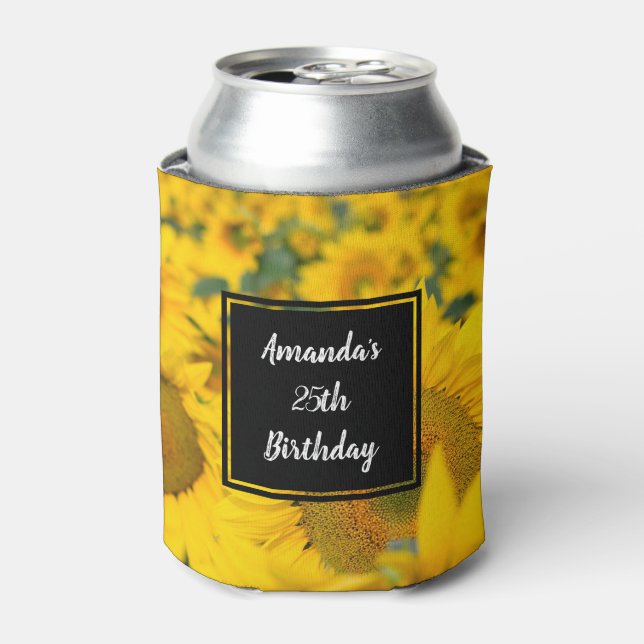 Enfriador De Latas Campo amarillo de girasoles. Fotografía Cumpleaños (Lata Anverso)