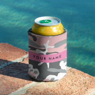 Enfriador De Latas Camuflaje rosa y gris Personaliza tu nombre