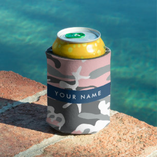 Enfriador De Latas Camuflaje rosa y gris Personaliza tu nombre