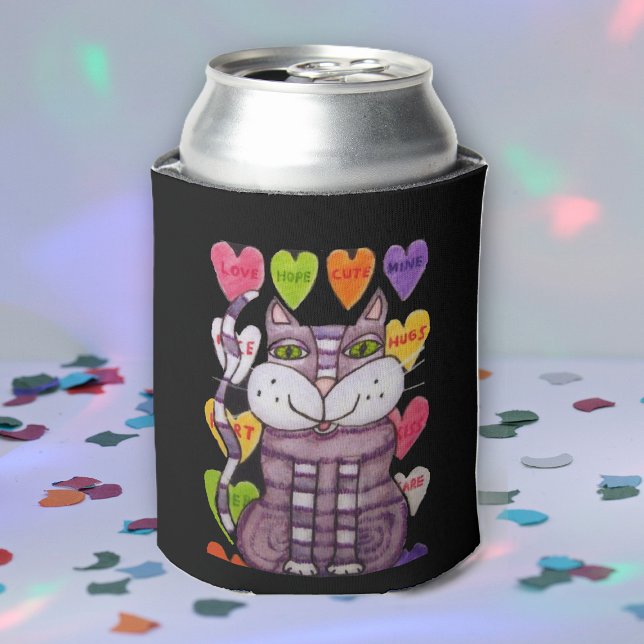Enfriador De Latas Candy Heart Purple Cat Valentine (Valentine purple striped cat green eyes wall of candy hearts with sayings on black drink can cooler.)