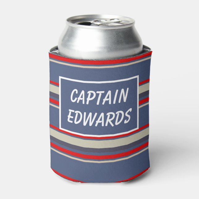 Enfriador De Latas Capitán del barco Personalizado de rayas azules ná (Lata Anverso)