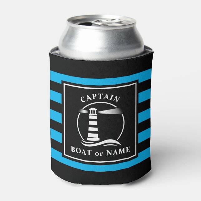 Enfriador De Latas Capitán del faro clásico o nombre del barco azul (Lata Anverso)