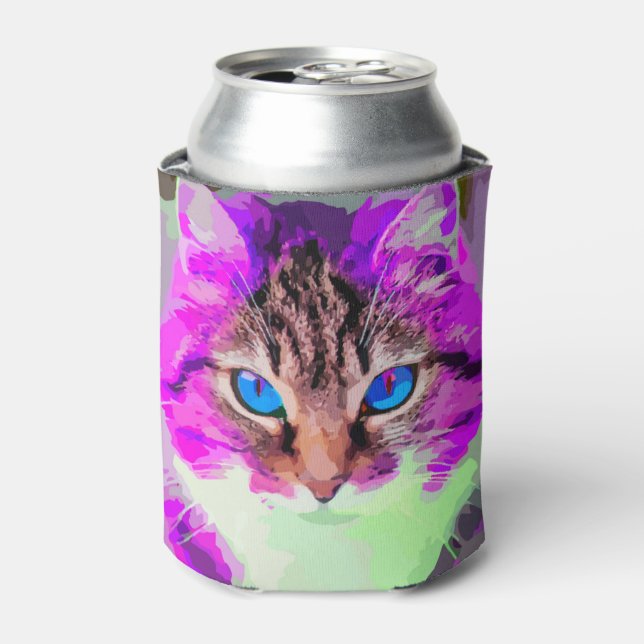 Enfriador De Latas Cara de gato morado de ojos azules (Lata Anverso)
