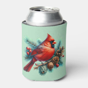 Enfriador De Latas Cardenal en rama de pino con bayas de invierno