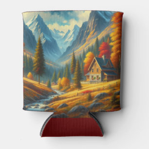 Enfriador De Latas Casa de montaña rústica y río de otoño