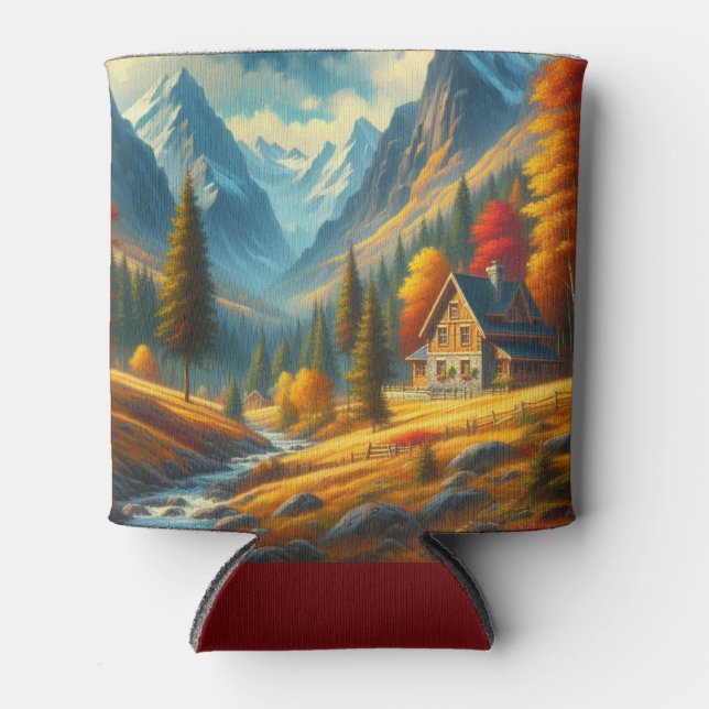 Enfriador De Latas Casa de montaña rústica y río de otoño (Anverso)