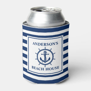 Enfriador De Latas Casa de playa con rayas de ángel náutico