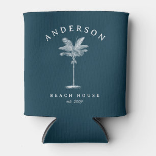 Enfriador De Latas Casa de playa Navy Blue Simple Palm Tree