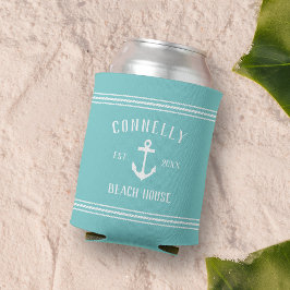 Enfriador De Latas Casa de playa personalizada Aqua Rustic Anchor